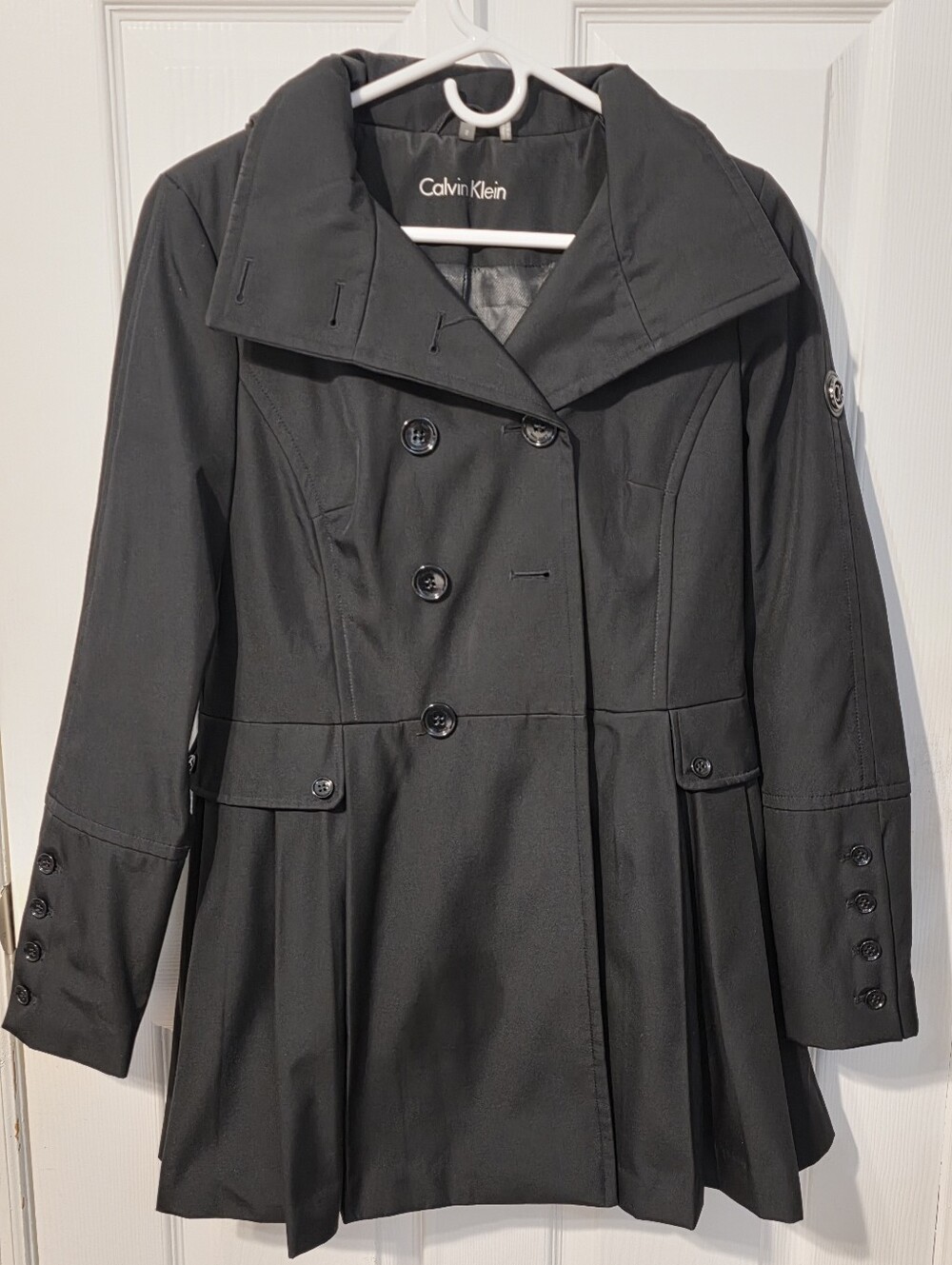 Calvin KleinWomen's Petite Hooded Double-Breasted Skirted Raincoat Black Small